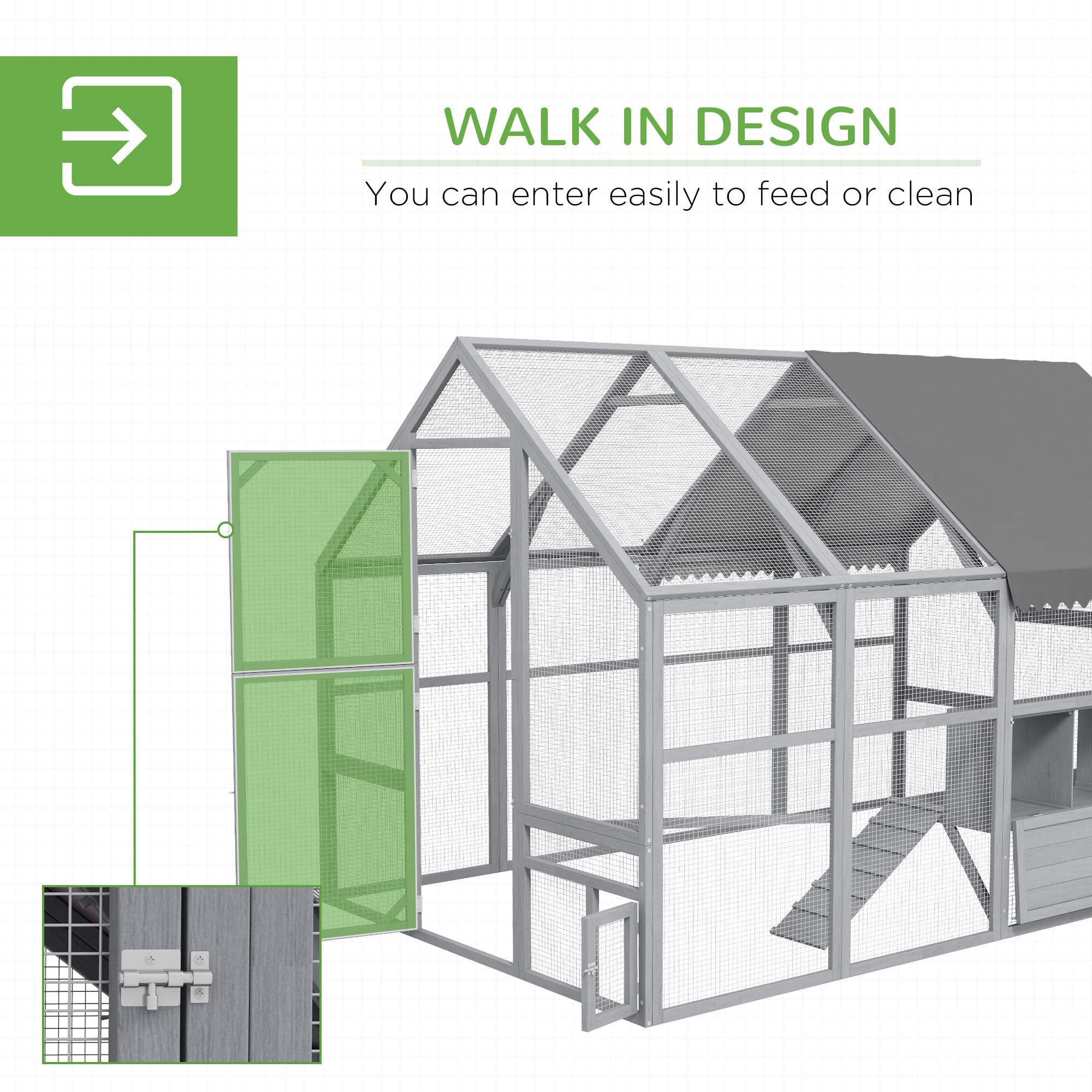 PawHut Large Chicken Run, Wooden Chicken Coop with Waterproof & Anti-UV Cover, Split Door, 4 Nesting Boxes, Roosting Bar, Walk-i